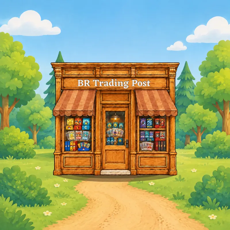 Illustration of the BR Trading Post shop: a wooden shopfront with striped awnings and windows full of Pokémon, Lorcana and One Piece cards